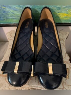 Michael Kors Patent Black Quilted Bow Flats with Gold Accent